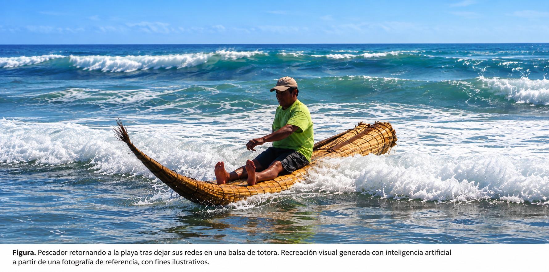 Pescador navegando una balsa de totora en el mar de la costa norte del Per&uacute;.